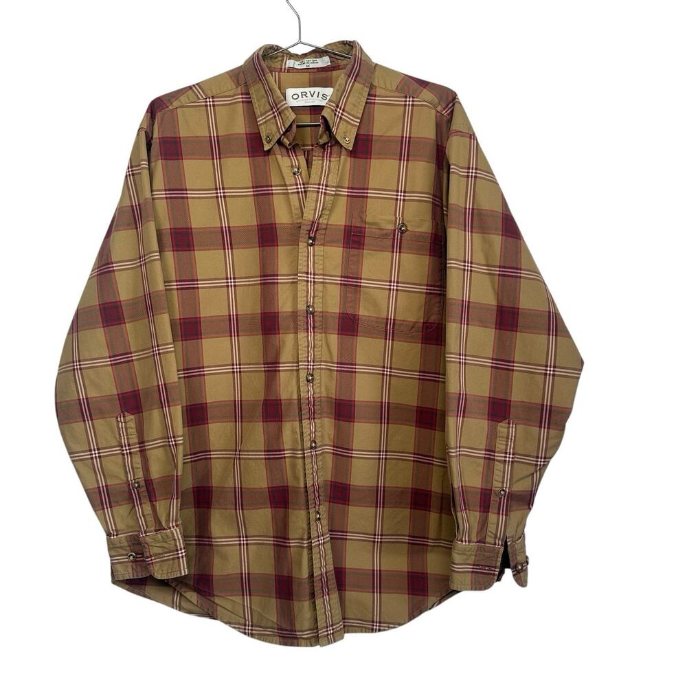 Orvis Men’s Red Tan Plaid Heavy 100% Cotton Long Sleeve Button Down Shirt Size M